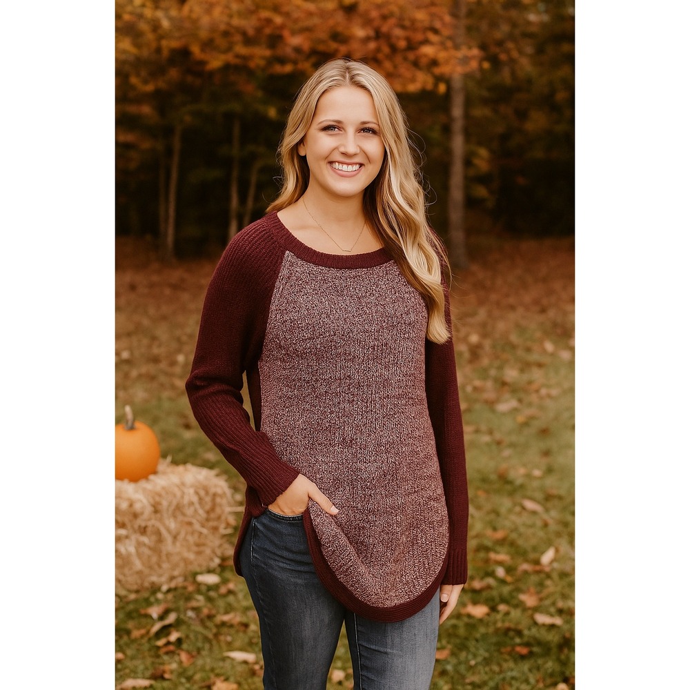 Jason Maxwell Womens L Raglan Sleeve Sweater Burgundy Pink Knit Tunic Top Cozy